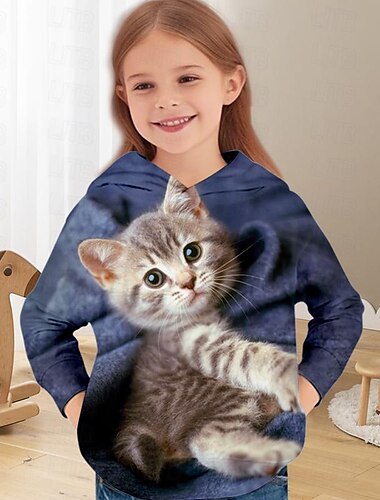  בנות תלת מימד חתול קפוצ'ון Pullover שרוול ארוך הדפסת תלת מימד אביב סתיו פעיל אופנתי סגנון חמוד ילדים 3-12 שנים 4-12 שנים עם קפוצ'ון בָּחוּץ קזו'אל יומי רגיל
