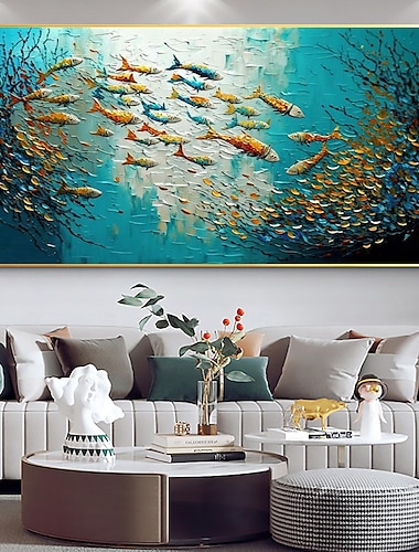 Handgefertigtes Original-Ölgemälde „Fischschwarm“ auf Leinwand, Wandkunst-Dekor, abstraktes Meeresboden-Gemälde für die Inneneinrichtung, mit gespanntem Rahmen/ohne Innenrahmen-Gemälde