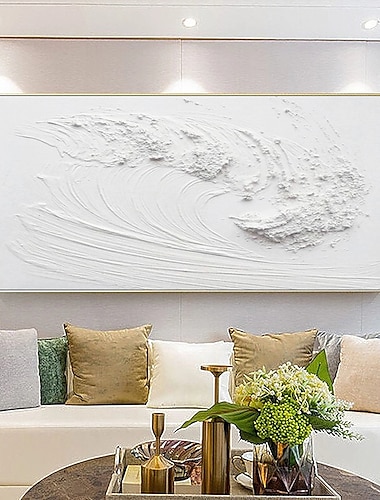  Arte de pared pintado a mano, pintura al óleo abstracta de ondas blancas sobre lienzo, pintura al óleo de paisaje moderno, pintura grande pintada a mano, arte de pared para decoración del hogar, listo