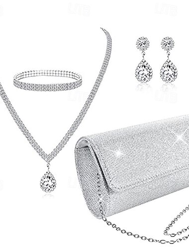  Braut-Schmuckset, modisches und minimalistisches Diamant-Armband, Ohrringe, Halskette, PU-Pailletten, Handtasche, Abendessenbeutel, 4er-Set