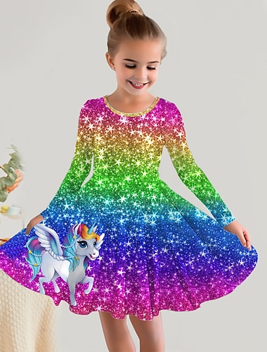  Mädchen' 3D Regenbogen Einhorn Kleid Langarm 3D-Druck Herbst Winter Sport & Natur Täglich Festtage Kuschelig Brautkleider schlicht Schön kinderkleidung 3-12 Jahre Casual kleid A Linie Kleid Übers Knie