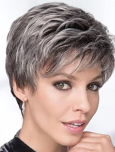  Pixie Cut Short Gray Wigs for White Women Sassy Short Haircuts for Older Lady Mixed Black Grey Highlight Synthetic Wig with Bangs for Daily Party Use