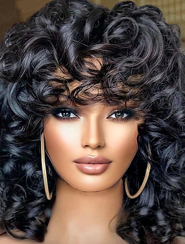  Curly Wigs for Black Women Short Curly Wig with Bangs Afro Cute Wigs Natural Looking Soft Bouncy Fluffy Comfortable Light Weight Wig Heat Resistant Synthetic Wig for African American Women