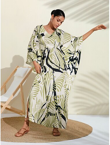  maxi-jurk met satijnen bloemenv-hals en kaftanjurk