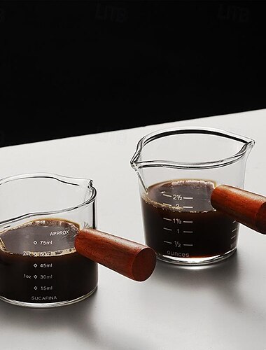  Tasse à mesurer expresso en verre résistant à la chaleur de 50 à 80ml, pichet à lait en verre à double bouche avec manche en bois, tasses à mesurer en verre