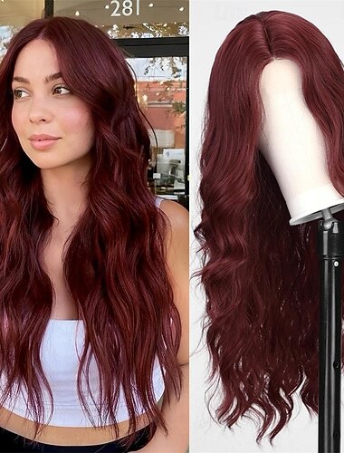  Lange burgunderrote gewellte Perücke für Damen, 66 cm Mittelteil, weinrote Lockenperücke, natürlich aussehende synthetische hitzebeständige Faserperücke für den täglichen Partygebrauch