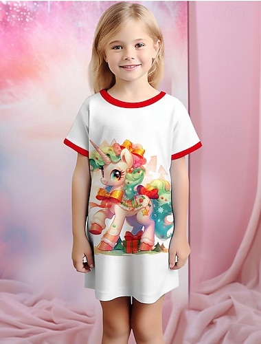 Ночная рубашка с 3d рисунком единорога для девочек, пижамы с короткими рукавами и 3D принтом, летняя активная мода, милая, из полиэстера, для детей 3–12 лет, с круглым вырезом, для дома, повседневного   Ночная рубашка с 3d рисунком единорога для девочек, пижамы с короткими рукавами и 3D принтом, летняя активная мода, милая, из полиэстера, для детей 3–12 лет, с круглым вырезом, для дома, повседневного