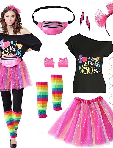  Retro Vintage 1980er T-Shirt Zubehörset Damen Halloween Karneval Maskerade Party / Abend Pride Parade Pride-Monat Erwachsene Röcke Handschuhe Beinwärmer