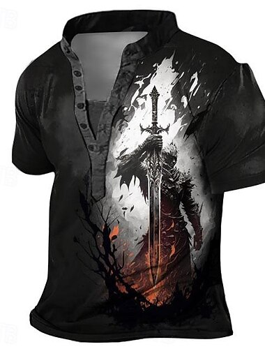  Voor heren Tempeliers Kruis Henley-shirt T-shirt T-shirt 3D-afdrukken Gotisch Subcultuur Vakantie Dagelijks Uitgaan Lente zomer Zwart / Wit Zwart Rood Henley Henley-T-shirt