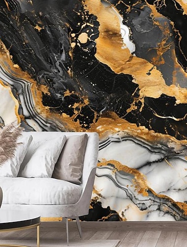  Coole Tapeten, schwarze und goldene Marmortapete, Wandbild, Wandverkleidung, Aufkleber, abziehen und aufkleben, entfernbares PVC/Vinyl-Material, selbstklebend/Kleber erforderlich, Wanddekoration für