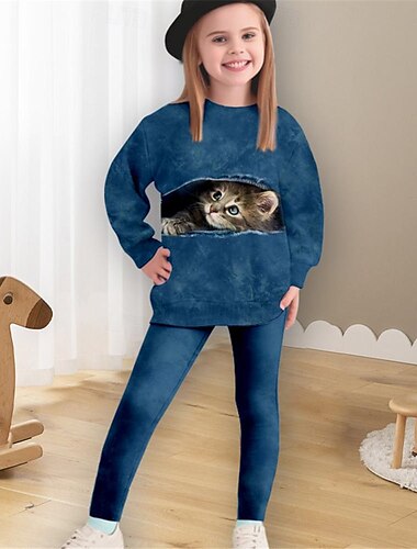  Fille 3D Chat Ensemble sweat-shirt et legging manche longue 3D effet Printemps Automne Actif Mode du quotidien Enfants 4 ans et + Col Ras du Cou Extérieur Vacances Rendez-vous Standard