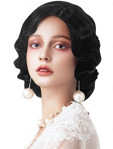  Peruca Castanha 1920s Peruca Finger Wave Vintage Castanha Peruca dos anos 20 Mulheres Retro Perucas Sintéticas Fantasia Cosplay Festa Perucas de Halloween