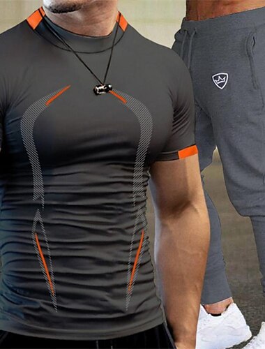  Herren Passende Sets Schwarz T Shirt Laufshirt T-Shirt Jogginghose Trainingshose Hose Hosen Sets Kurzarm Rundhalsausschnitt Sport Casual Farbblock Kordelzug Elastische Taille Polyester Frühling Sommer