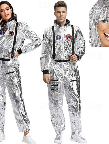 Astronauten-Cosplay-Kostüm für Erwachsene, Herren, Damen, Polyester, Maskerade-Trikot/Einteiler, Hut mit Kostüm-Perücken