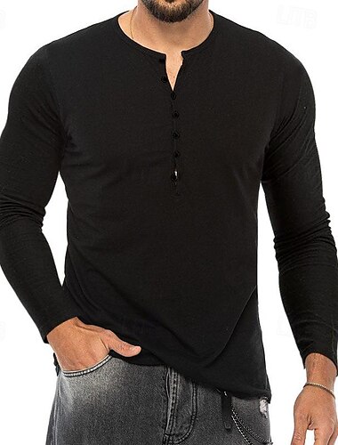  Homens Camiseta Botão Camiseta Camisa Henley Camisetas Manga Longa Henley Primavera & Outono Tecido Moda Designer Básico Botão para baixo Férias Rua Para Noite Preto Branco Azul Top Tee para Homens