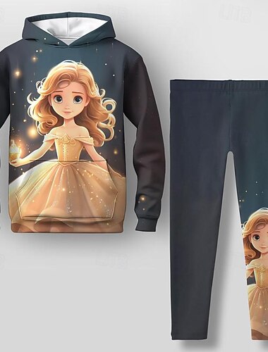  Voor meisjes 3D Tekenfilm Hoodie- en leggingset Roze Lange mouw 3D-afdrukken Lente Herfst Actief Modieus Dagelijks Kinderen 3-12 jaar Capuchon Buiten Vakantie Afspraakje Normale pasvorm