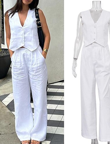  Retro Vintage 1980er Hose Outfits Weste Einfarbig V Ausschnitt Damen Lässig Junggesellinnenabschiedsparty Erwachsene Weste Hose Sommer