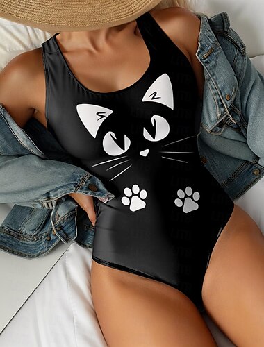  Costumi da bagno da donna Costume Intero Stampa Abbigliamento da Spiaggia Vacanza Gatto Senza Maniche