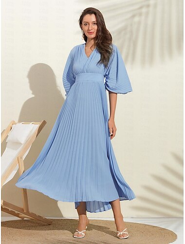  Damen Hochzeitsgastkleid Maxi Blau V-Ausschnitt Fledermausärmel Plissee Chiffon