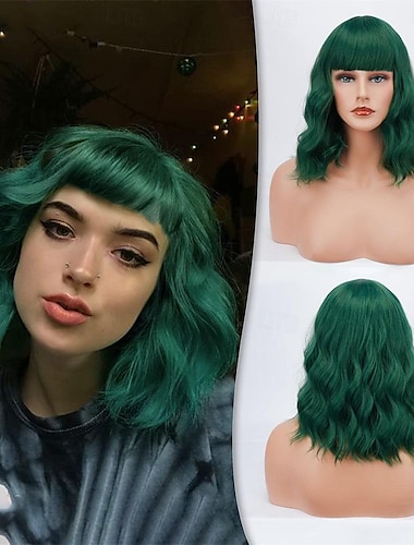  Kurze gewellte Bob-Perücke mit Pony, 35,6 cm, kurze grüne Bob-Perücke, pastellfarben, lockig, gewellt, synthetische Schulterlänge, Cosplay-Perücken mit kostenloser Perückenkappe für Damen und