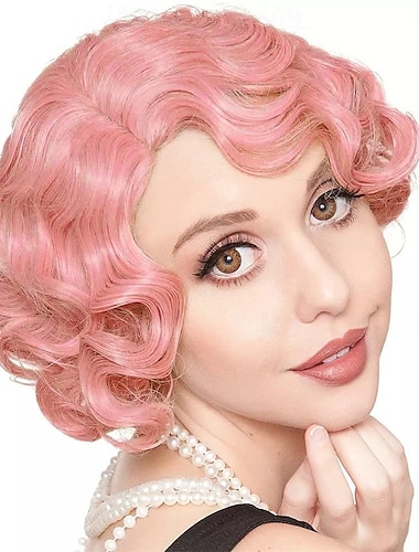  Peluca rizada rosa corta para mujer, peluca de pelo ondulado con los dedos de los años 20, peluca de fiesta de disfraces de cosplay sintética suave resistente al calor
