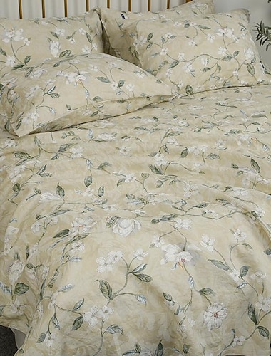  Bettlaken-Kissenbezug-Set aus 100 % Leinen mit Blumenmuster, natürlichem, gewaschenem französischem Flachs, weiches, atmungsaktives Bauernhaus-Bettwäsche-Set