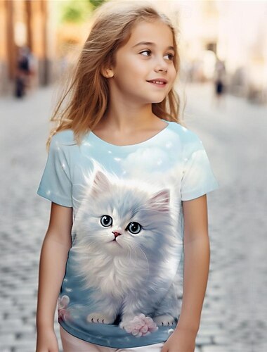  Mädchen 3D Katze T-Shirt Hemden Rosa Kurzarm 3D-Druck Sommer Aktiv Modisch Kuschelig Polyester kinderkleidung 3-12 Jahre Rundhalsausschnitt Outdoor Casual Täglich Regular Fit