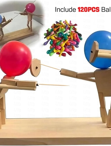  ręcznie robione drewniane lalki do szermierki, gra bitewna z balonowym bambusowym człowiekiem dla 2 graczy, gry towarzyskie walnięcie balonem z 20 sztuk balonów lub zawiera 120 sztuk balonów, wykałaczki jako miecze (montaż samodzielnie)