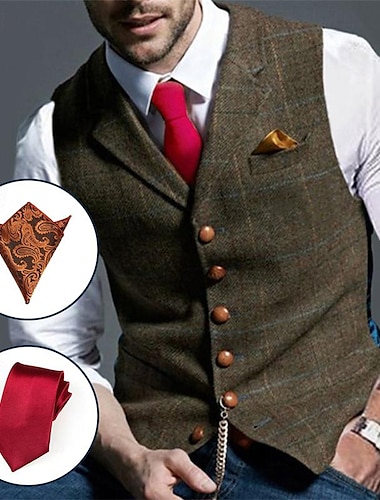 Herren Passende Sets Dunkelgrün Weste Sets Ärmellos Kargen Formal Hochzeit Plaid Tasche Polyester Frühling & Herbst