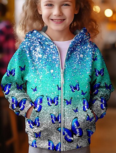  Flickor 3D Fjäril Huvtröja Kappa Ytterkläder Rosa Långärmad Höst Vinter Aktiv söt stil Streetwear Barn 3-12 år Blixtlås Gata Dagligen Normal