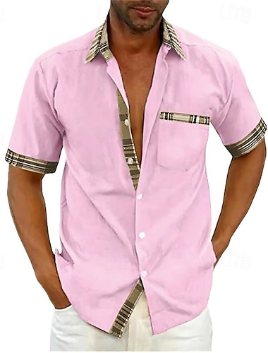  男性用 シャツ ボタンアップシャツ サマーシャツ ブラック ホワイト ピンク ルビーレッド ブルー 半袖 カラーブロック 格子柄 折襟 ストリート カジュアル ボタンダウン 衣類 スポーツ ファッション クラシック 快適