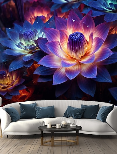  Tapisserie à lumière noire réactive aux UV qui brille dans le noir, décoration murale à suspendre, motif fleur de lotus, néon, nature, psychédélique, trippant, brumeux, pour salon