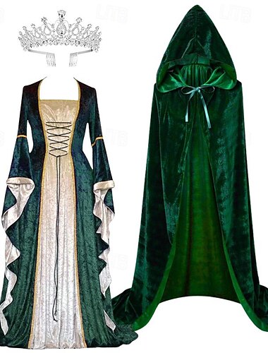  Retro Antiguo Medieval Vestido Cóctel Hasta el Suelo Longitud Larga Vestidos Accesorios Vestido de fiesta de graduación Feria del Renacimiento Manga de la llamarada Bruja Vikingo forastero Mujer