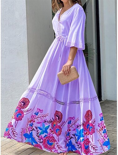  dames casual jurk bloemen kant up oogjes v hals lange jurk maxi jurk vakantie 3/4 lengte mouw zomer lente