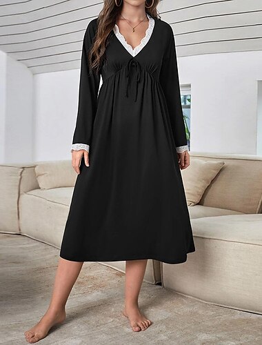  Mujer Vestido informal vestido de noche Vestido Midi Diario Casual Encaje Plano Escote en Pico Hogar Casual Negro 2023 Primavera Otoño S M L XL