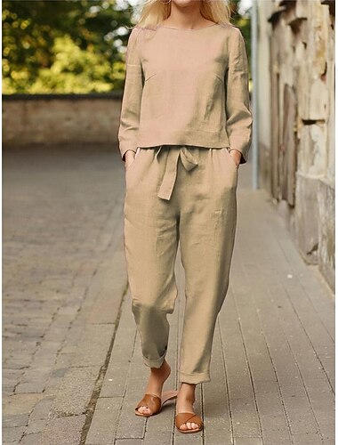  dames loungewear tweedelige sets eenvoudig basic pure kleur zak elastische taille katoen linnen sets t-shirt broek straat dagelijks lange mouw ronde hals zwart oranje beige zomer lente