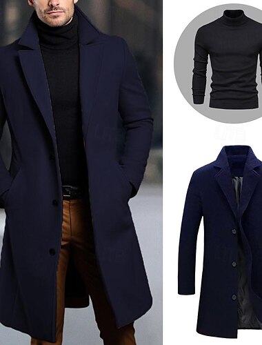  Set with Trench Coat Pullover Men's 2 PCS Outfits Winter Coat Overcoat Daily Wear Winter Thermal Warm Windproof Outerwear Clothing Apparel Fashion Warm Ups Plain Pocket Lapel Single Breasted