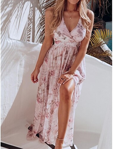 Damen kleid lang Casual kleid Schaukelkleid A Linie Kleid Sommerkleid Hawaiianisch Maxi Boho Urlaub Strasse Festtage Regular Fit Blumen Ärmellos V Ausschnitt Gelb Rosa Grün Leicht Blau Sommer