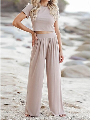 Loungewear-Sets für Damen, einfarbig, schlicht, lässig, bequem, für Zuhause und die Straße, täglich, atmungsaktiv, Rundhalsausschnitt, kurzärmliges T-Shirt, T-Shirt, Hose, elastische Taille, Sommer,
