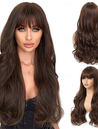  Medium Brown Long Wavy Wig With Bangs for Women 26 Inch Natural Looking Synthetic Heat Resistant Fiber Wig Hair Replacement Natural Looking Medium Brown Long Wavy Wig
