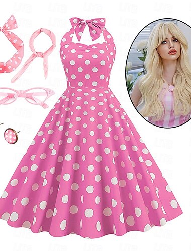  Vestido Rockabilly de corte A para mujer, vestido acampanado con accesorios, conjunto retro vintage de los años 50 y 60 con diadema, bufanda, pendientes, gafas de ojo de gato, 5 piezas para vestido