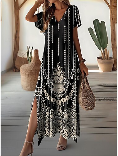  Vrouwen Maxi-jurk Vintage Jurk Casual Jurk Zomerjurk Vintage Etnisch Uitlopende Schouder Vakantie Straat Vakantie Regular Fit Bloemen Tribaal Korte Mouw V-hals Geel Zomer