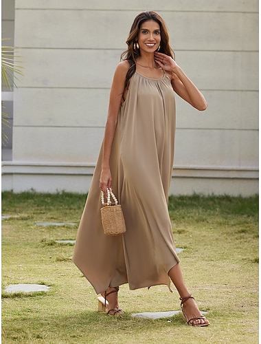  Robe maxi cami pour femmes, vêtements de villégiature, satin beige, essentiel, décontracté, coupe ample, robe de vacances, été