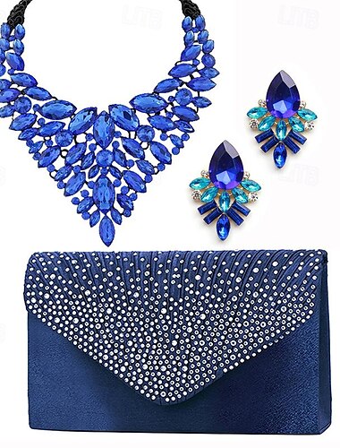  Ensemble de trois pièces de luxe léger, goutte d'eau, collier de pierres précieuses en cristal, boucles d'oreilles, sac, ensemble de bijoux de dîner, sac à main