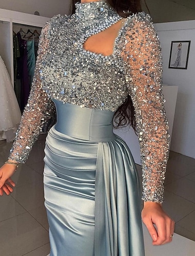  Mermaid / Trumpet Evening Gown Sliver Elegant Dress Formal Sweep / Brush Train Long Sleeve High Neck Satin with Pearls Sequin 2024