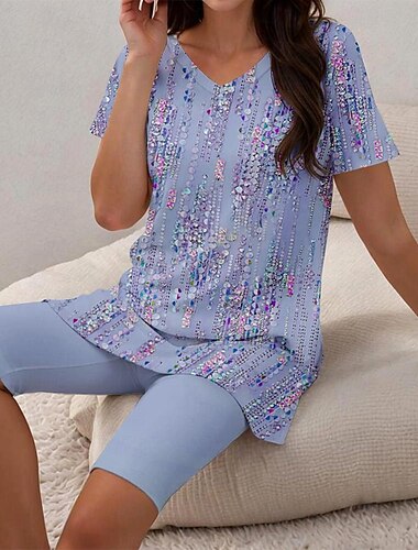  Damen Schlafanzüge Lässiges Zweiteiliges Set Floral Streifenprint Kurzarm V-Ausschnitt Oberteil mit Capri Leggings Frühling Sommer Komfort Fit Pastell Mintgrün Reguläre Plus-Size Lounge-Outfit