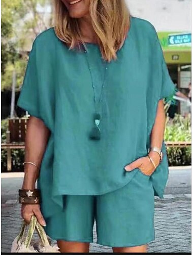  Damen Einfach Basic Baumwoll-Leinen-Sets Zweiteilige Sets T Shirt Halbarm Kurze Hose Rundhalsausschnitt Einfarbig Tasche Straße Täglich Schwarz Blau Purpur Sommer
