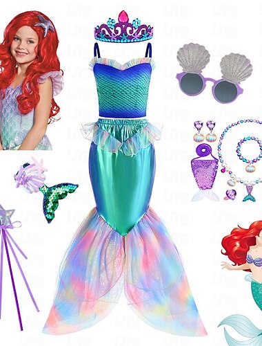  Disfraz de princesa Ariel de la sirenita, disfraz de cosplay de película para niñas, top cosplay + falda (con accesorios), disfraz de cola de pez de sirena superior, disfraz de Halloween con peluca