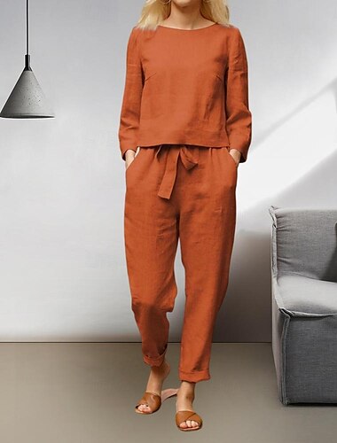  Women's Loungewear Sets Pure Color Simple Basic Street Daily Cotton And Linen Breathable Crew Neck Long Sleeve T shirt Tee Pant Pocket Elastic Waist Summer Spring Black Orange