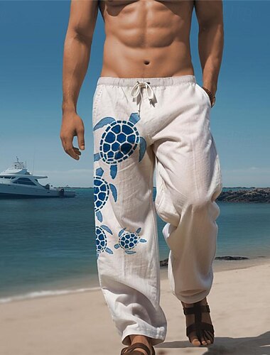  سلحفاة البحر الحياة البحرية للرجال منتجع 3D مطبوعة سراويل تقليدية بنطلون خصر مرن برباط فضفاض مناسب مستقيم الساق الصيف بناطيل الشاطئ S إلى 3XL